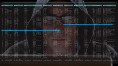 animation of data processing on computer screen over male hacker using computer