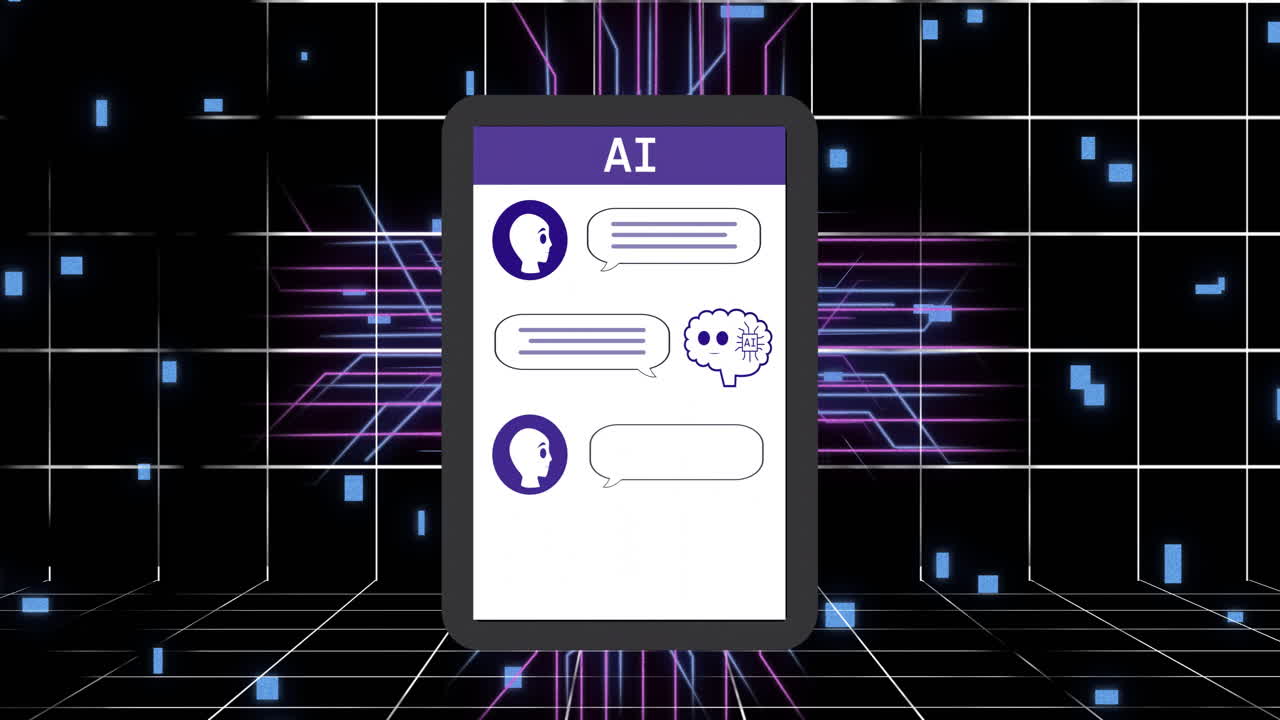 Animation of ai text and chat bot on screen and digital data processing