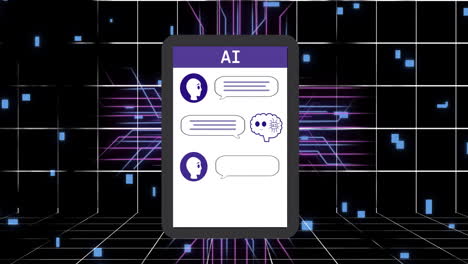 animation of ai text and chat bot on screen and digital data processing