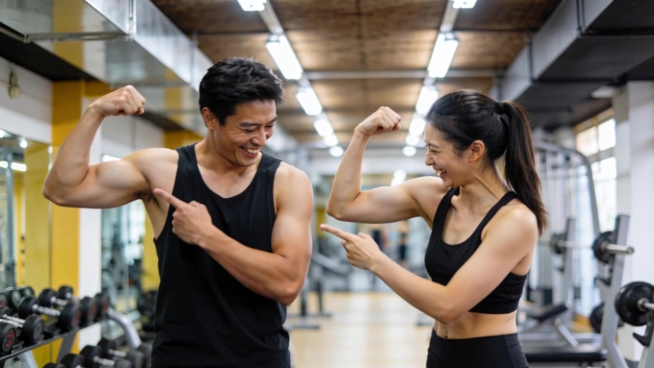 Flexing biceps, man in tank pointing while woman in sports bra comparing muscles near dumbbell rack
