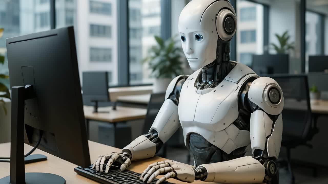 A humanoid robot is engaged in work at a computer in a contemporary office setting. The robot sits upright at a desk, demonstrating advanced technology with its sleek design and expressive features. Sunlight streams through large windows, illuminating the workspace filled with plants and modern furn