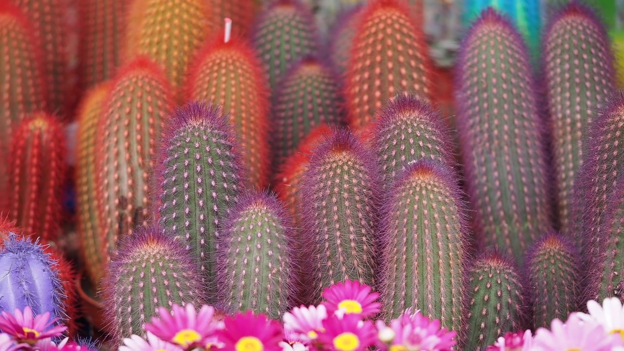 Cactus e fiori vivaci e colorati in un giardino