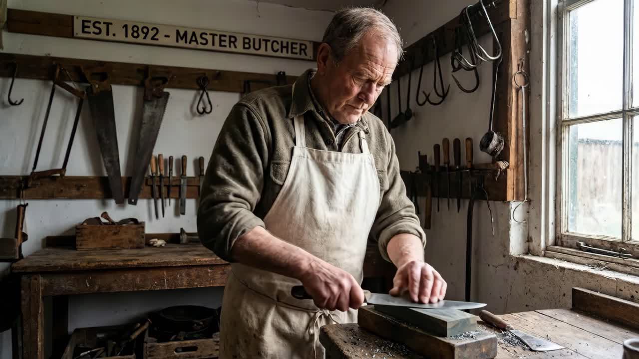 Ein Metzgermeister, der sein Messer schärft
