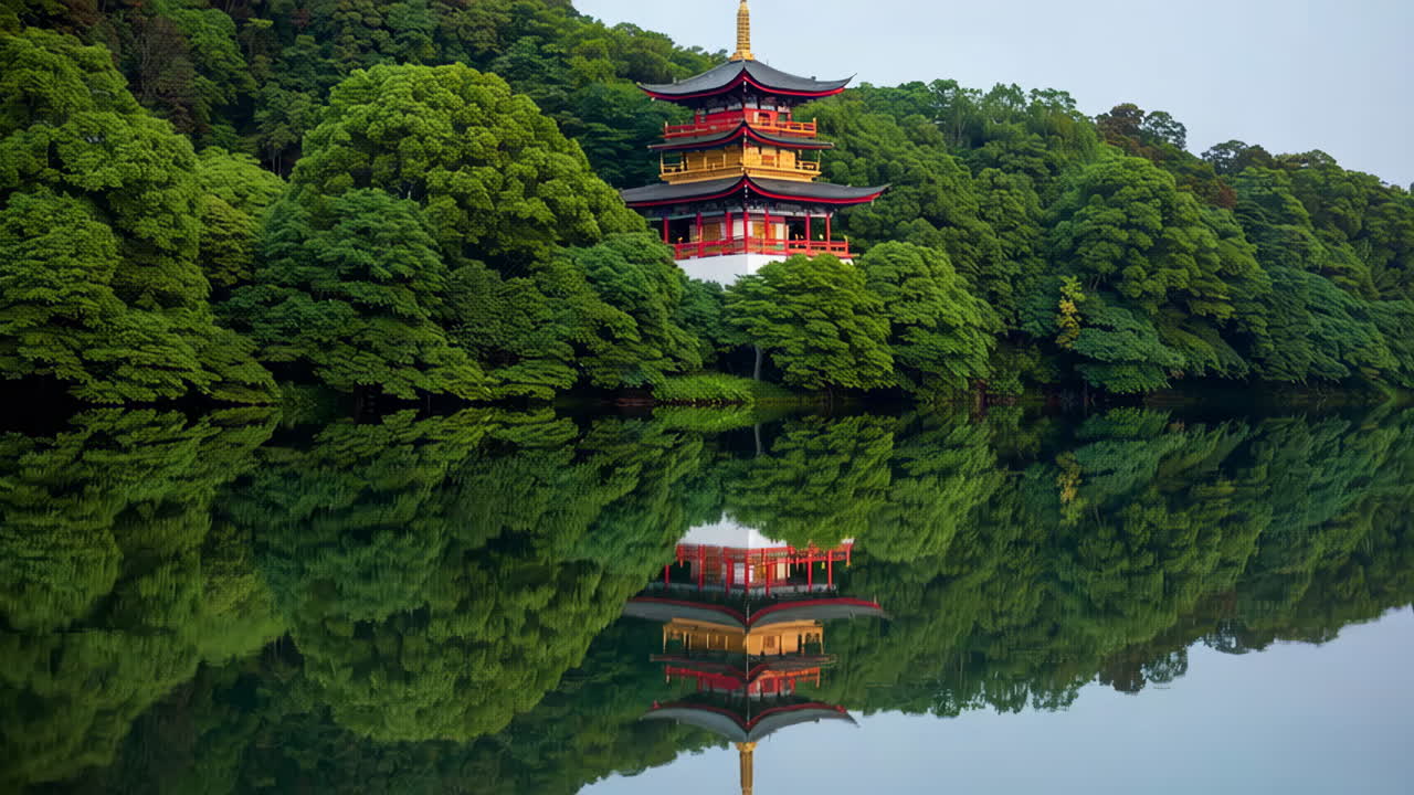 Riflesso di pagoda giapponese su lago calmo