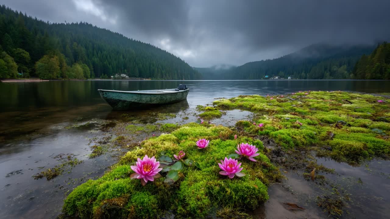 Serenity by the Water: A Tranquil Scene of Calm Waters, Lush Green Moss, and Vibrant Lily Flowers Under a Gloomy Sky, Perfect for Reflection and Nature Appreciation