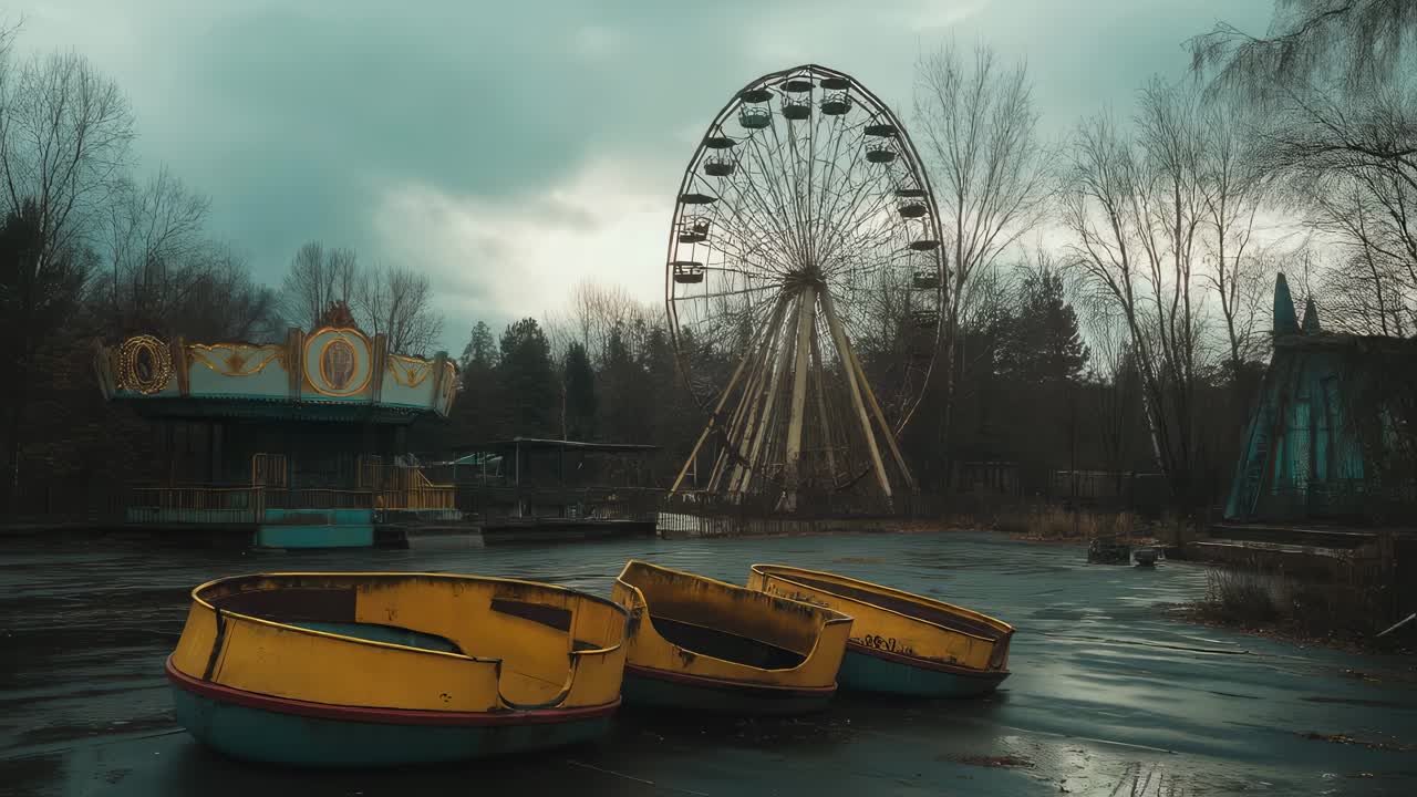 Weathered ferris wheel and abandoned bumper boats decaying in deserted amusement park, revealing loneliness through overgrown landscape with cloudy sky and bare winter trees