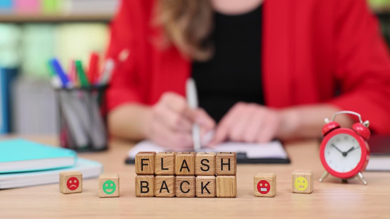 Flashback concept with wooden blocks and emotion icons