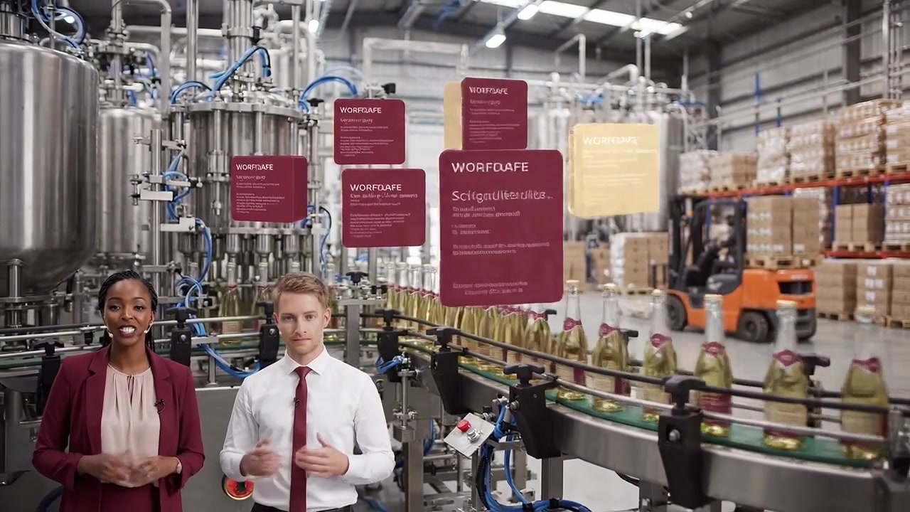 Profesionales de negocios utilizando RA para mostrar una línea de producción industrial.