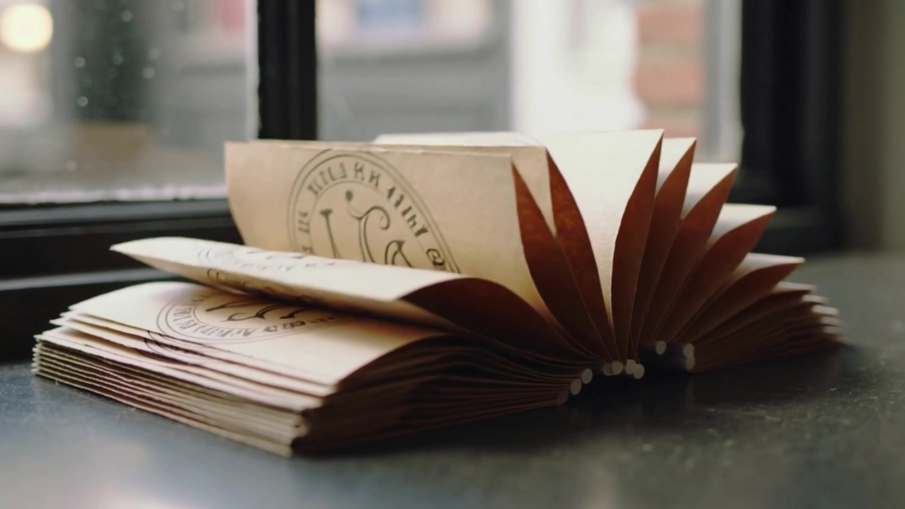 Libretto di carta kraft che sfoglia le pagine sul davanzale della finestra a causa di una corrente d'aria, rivelando un emblema circolare timbrato