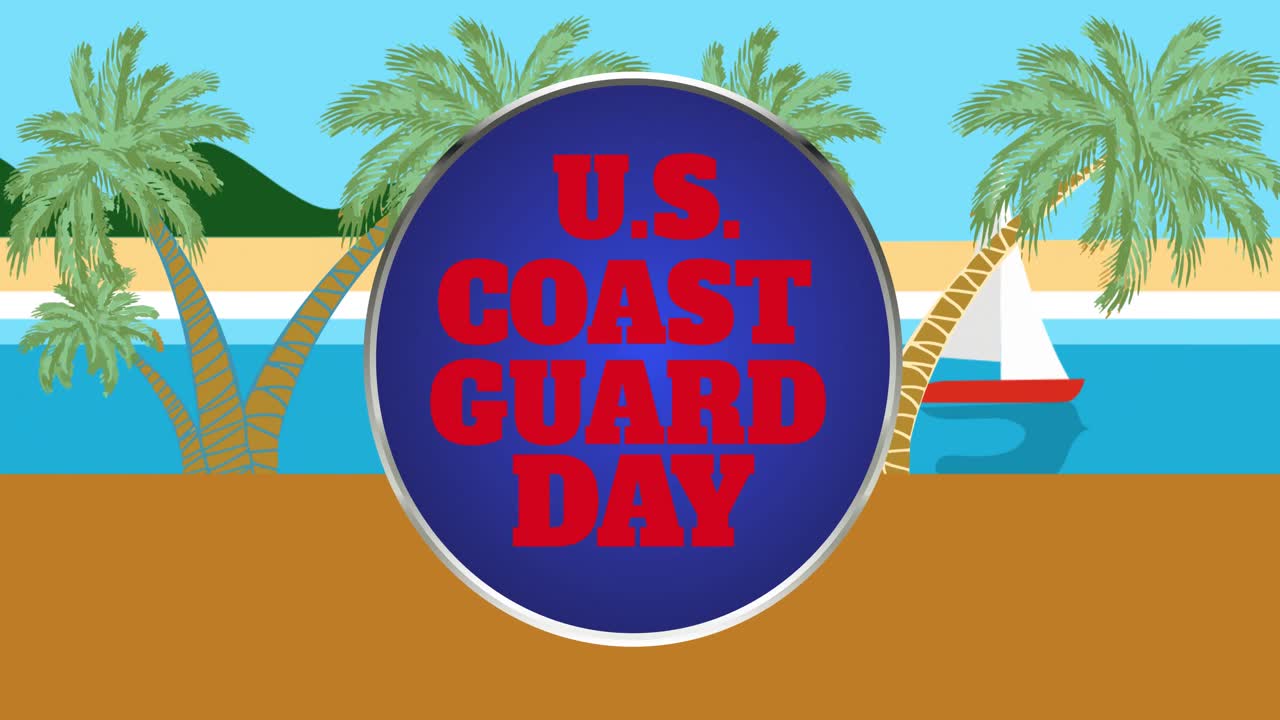 미국 해안 경비대의 애니메이션 만화 해양 풍경과 손바닥과 항해