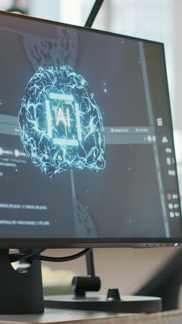 vertical video empty startup office with neural networks program running on pc