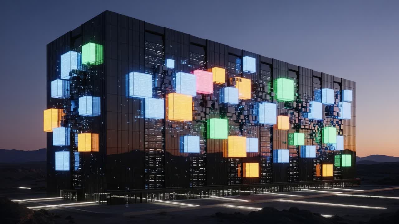 A Captivating Display of Illumination: A Modern Architectural Marvel Showcasing Vibrant Colors and Dynamic Patterns Against a Twilight Sky