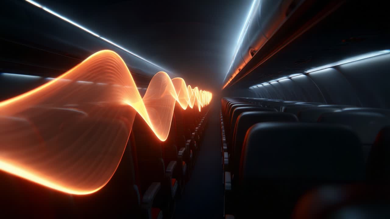 A Captivating Visual Journey Through an Airplane Interior with Flowing Light Waves Illuminating the Aisle, Offering a Unique Perspective on Flight and Design Aesthetics