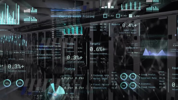 Animation of graphs, loading circles, globe over connected dots against server room
