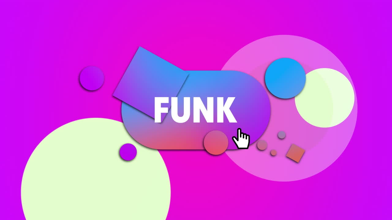 Animation of funk text over colorful shapes on pink background