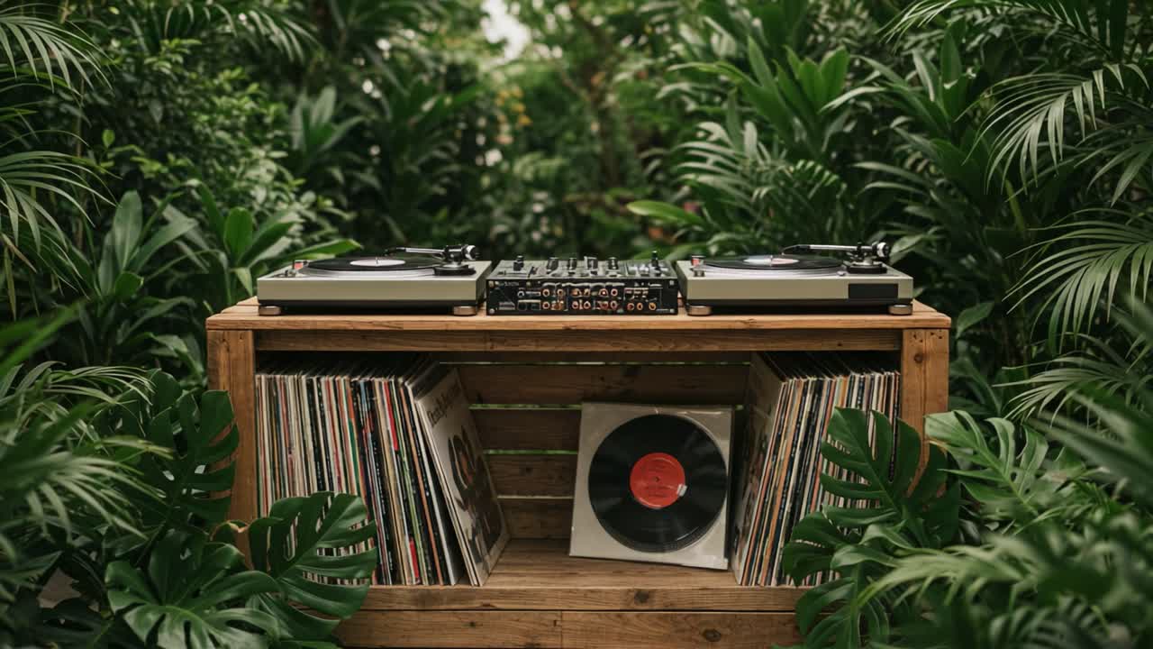 A Scenic Retreat for Music Lovers: A Stylish Record Player Setup Surrounded by Lush Greenery, Perfect for Creating an Inviting Atmosphere of Sound and Nature