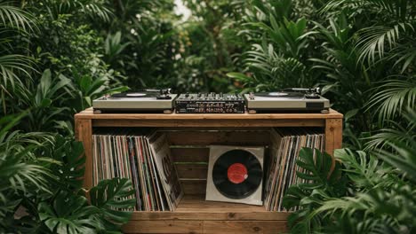a scenic retreat for music lovers: a stylish record player setup surrounded by lush greenery, perfect for creating an inviting atmosphere of sound and nature