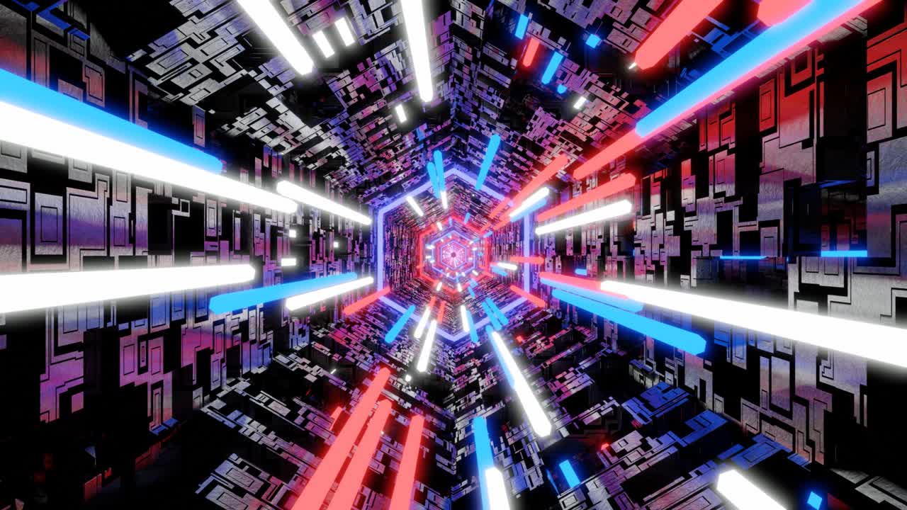 Motion graphic flying into digital technologic tunnel. Wormhole through time and space. 3D Big Data Digital tunnel square with futuristic matrix. Technological and connection motion background.