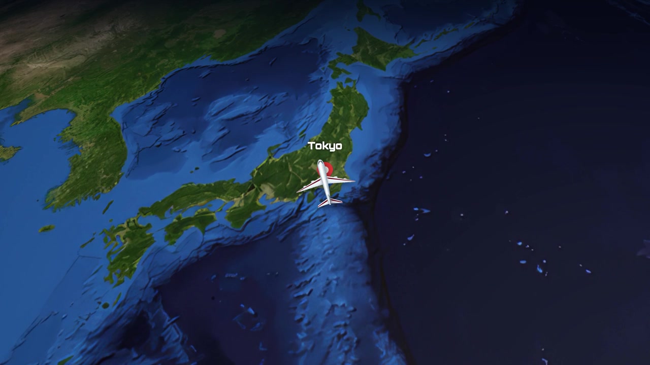 Animacja mapy satelitarnej śledzi samolot komercyjny lecący z Sydney w Australii na północ do Tokio w Japonii.
