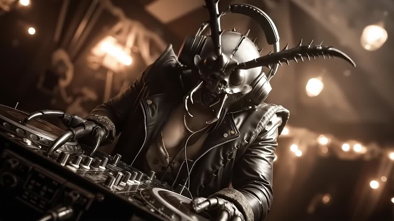 A man in a leather jacket and headphones playing a dj set