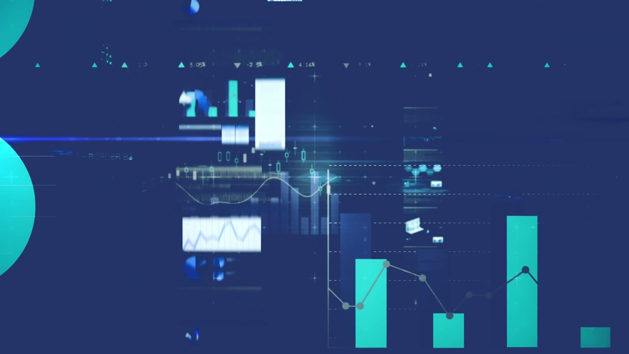 Animation of data processing and statistics on blue background