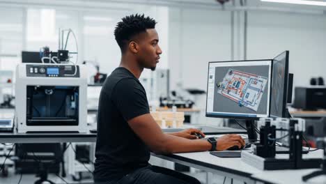focused individual working intently at a computer in a modern lab, analyzing detailed designs on the screen while surrounded by innovative technology and equipment