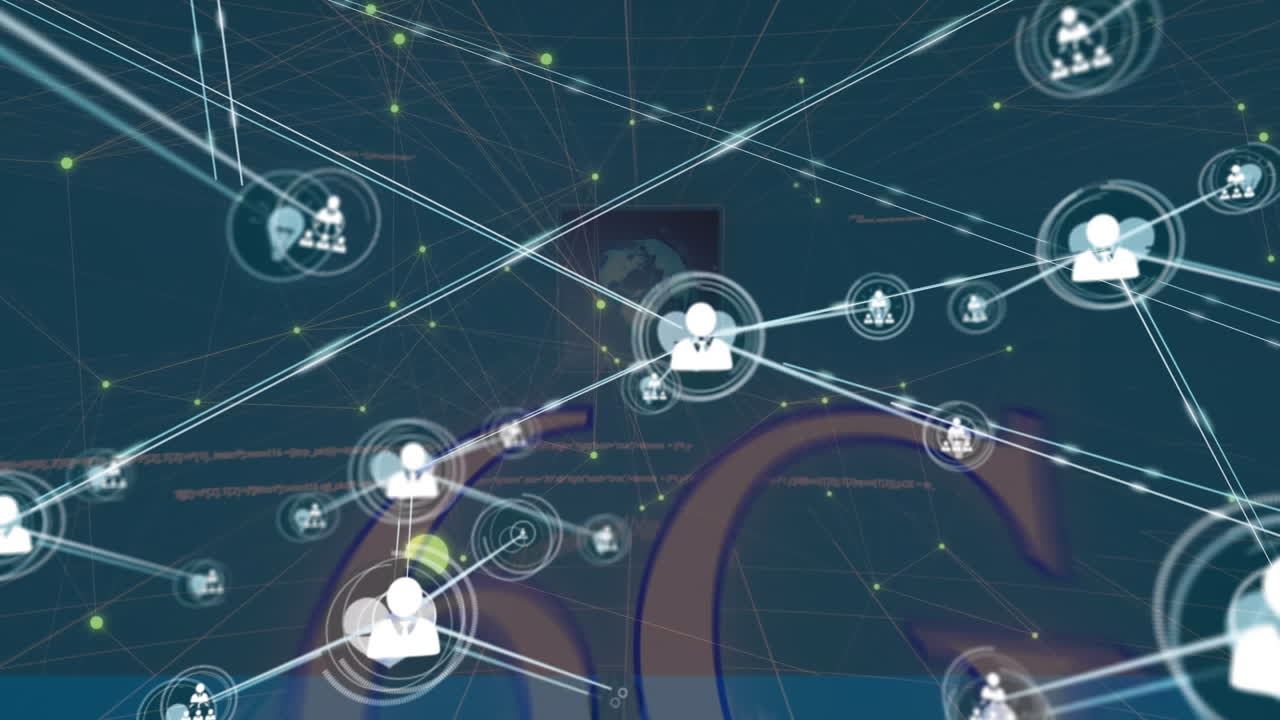 Animation of network of connections over media icons and data processing