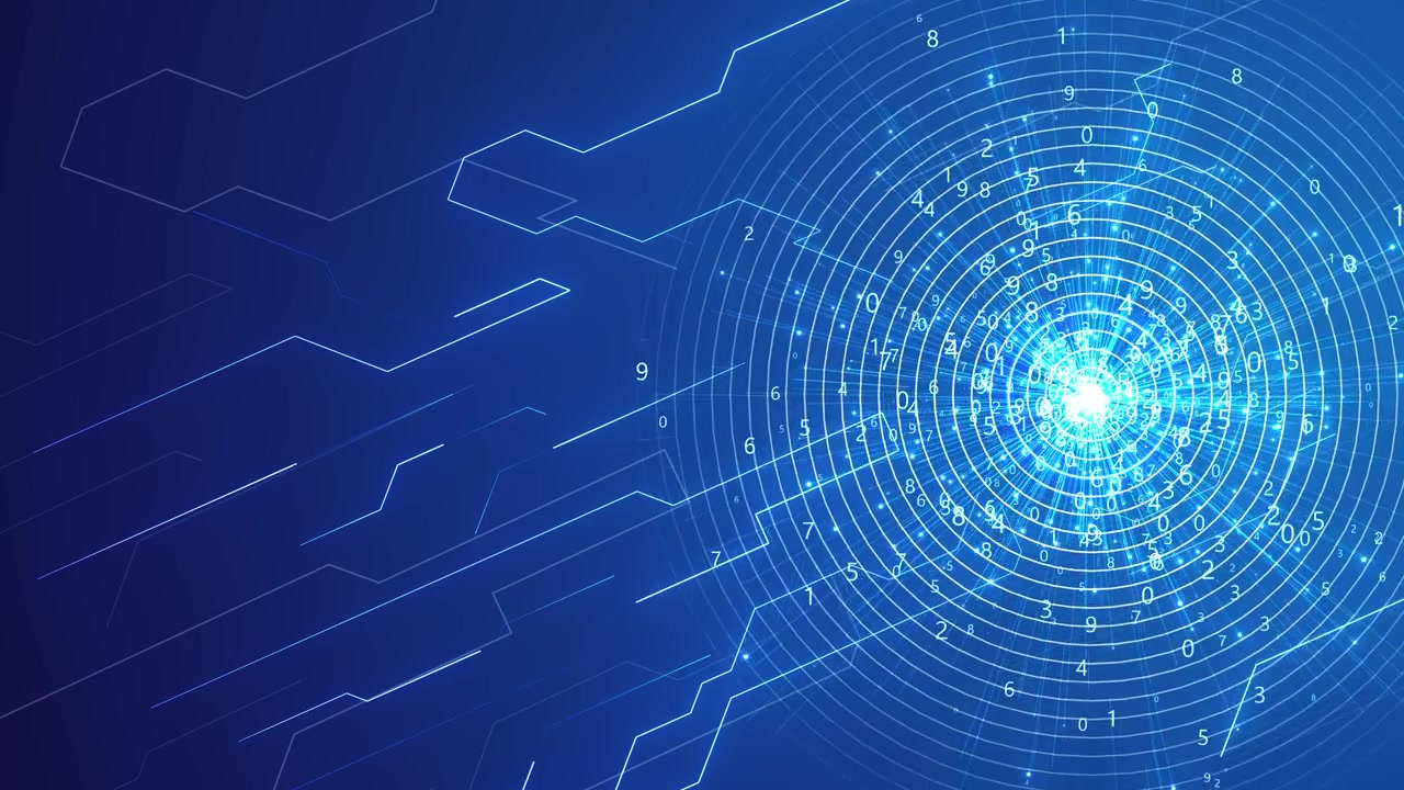 Blue data radar interface visual with glowing numeric rings right side hud target and open copy