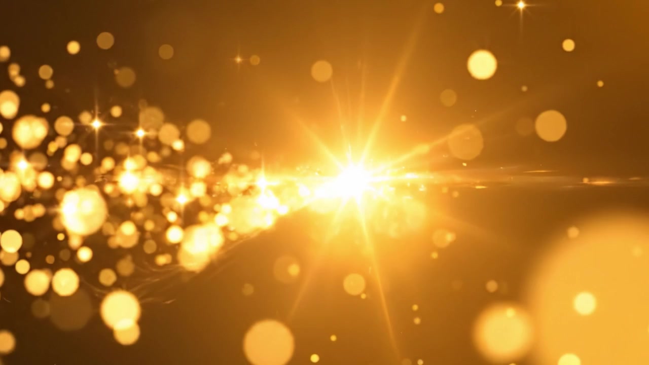 Uno sfavillante spettacolo di bokeh dorato con bagliori scintillanti: particelle vibranti che fluttuano su uno sfondo ricco, creando un'atmosfera accattivante e magica