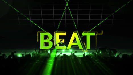 animation of beat text over silhouettes of dancing people and flashing lights on black background