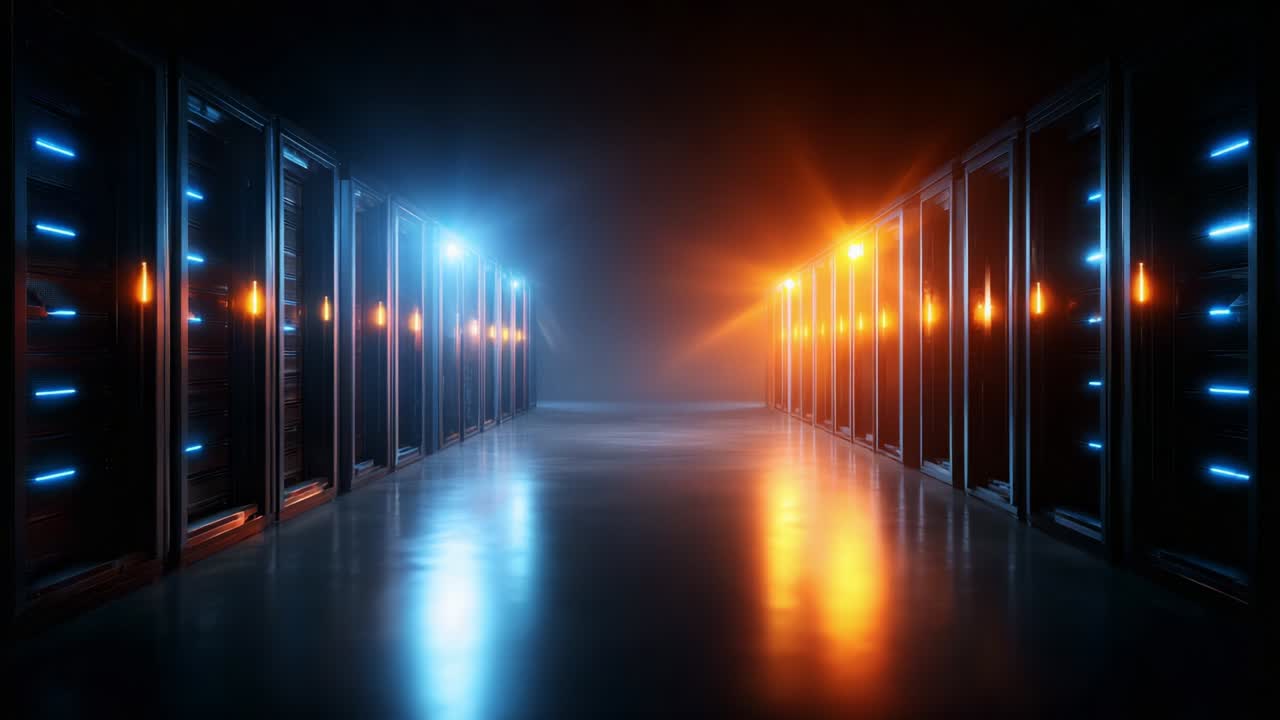 A Stunning Visual Representation of a Modern Data Center with Rows of Servers Illuminated by Blue and Orange Lights, Highlighting the Advanced Technology and Efficiency of Digital Infrastructure