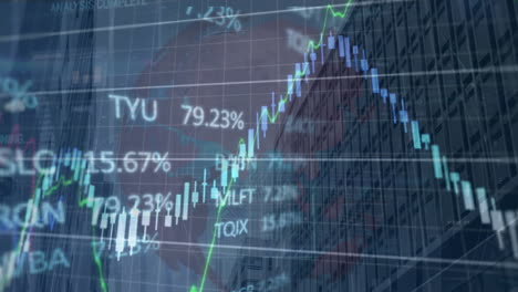 animation of financial and stock market data processing over world map against tall building