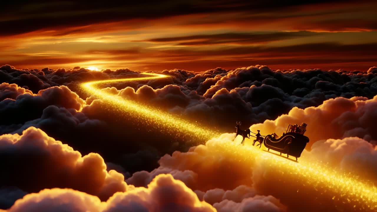 A Magical Journey Through Celestial Clouds: A Sleigh Glides Along a Golden Pathway as the Sun Sets, Illuminating the Sky with Vibrant Orange and Gold Hues, Creating a Surreal Fantasy Scene