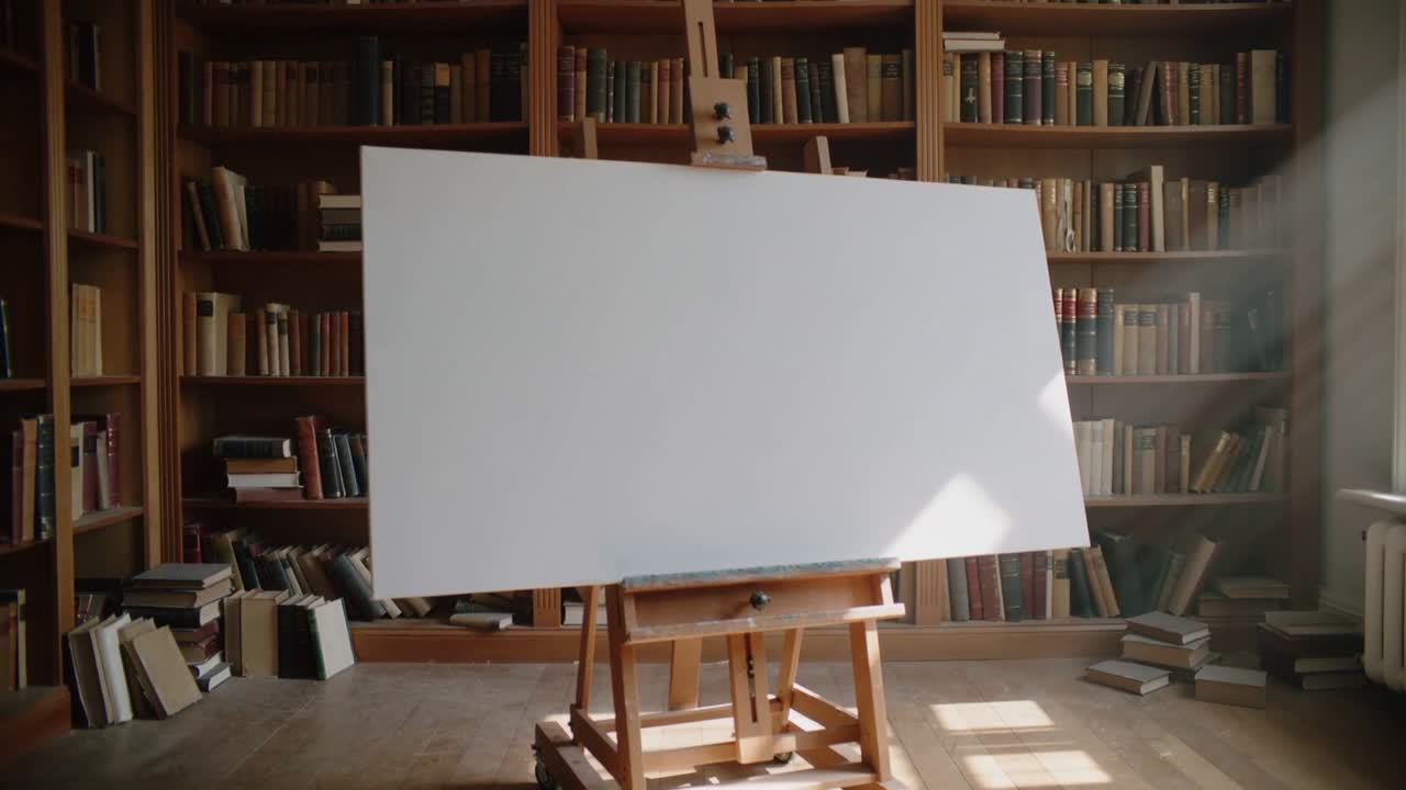 Regolazione della ferramenta del cavalletto e raddrizzamento della tela bianca nella biblioteca dello studio, preparazione della tela per la pittura