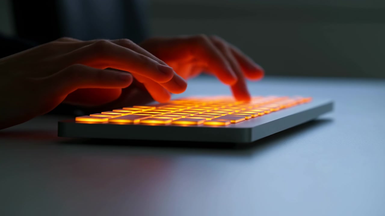 Bidikan dekat tangan dan ujung jari yang mengetik pada keyboard ramping berlampu latar di atas meja, iluminasi tombol oranye hangat kontras dengan ruangan redup yang sejuk. Kedalaman dangkal