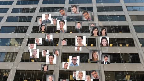 animation of globe with people's photographs over modern building background