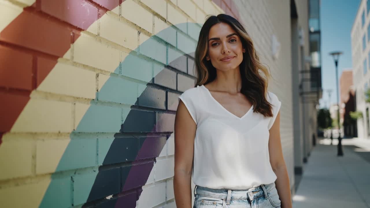 Mujer apoyada con blusa blanca y vaqueros posando en la acera mientras la cámara se acerca, mural de arcoíris
