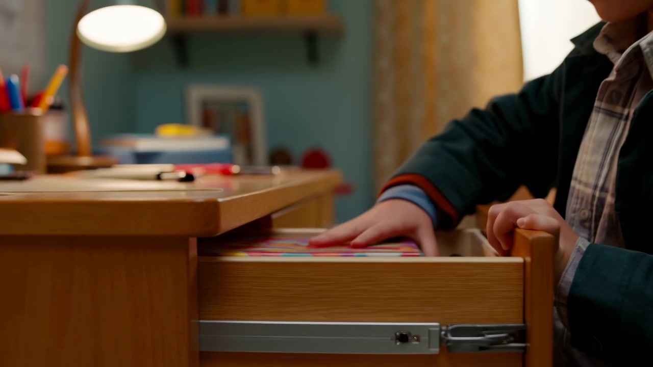 A boy is seen playing with a toy airplane in a room that features a wooden desk and shelves. The scene captures a playful mood with green and brown colors dominating the setting. This video.