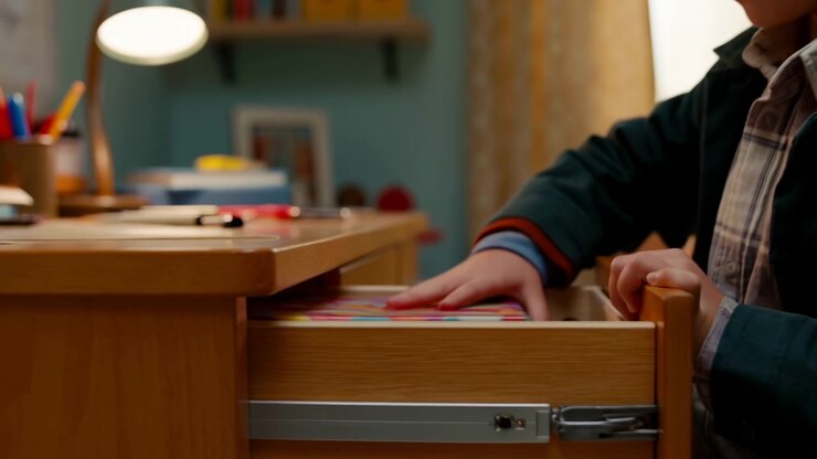 A boy is seen playing with a toy airplane in a room that features a wooden desk and shelves. The scene captures a playful mood with green and brown colors dominating the setting. This video.