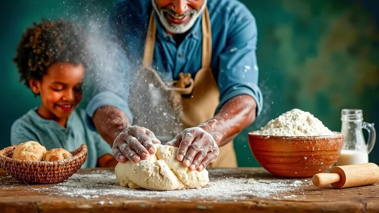 A man and a child kneading dough on a wooden table