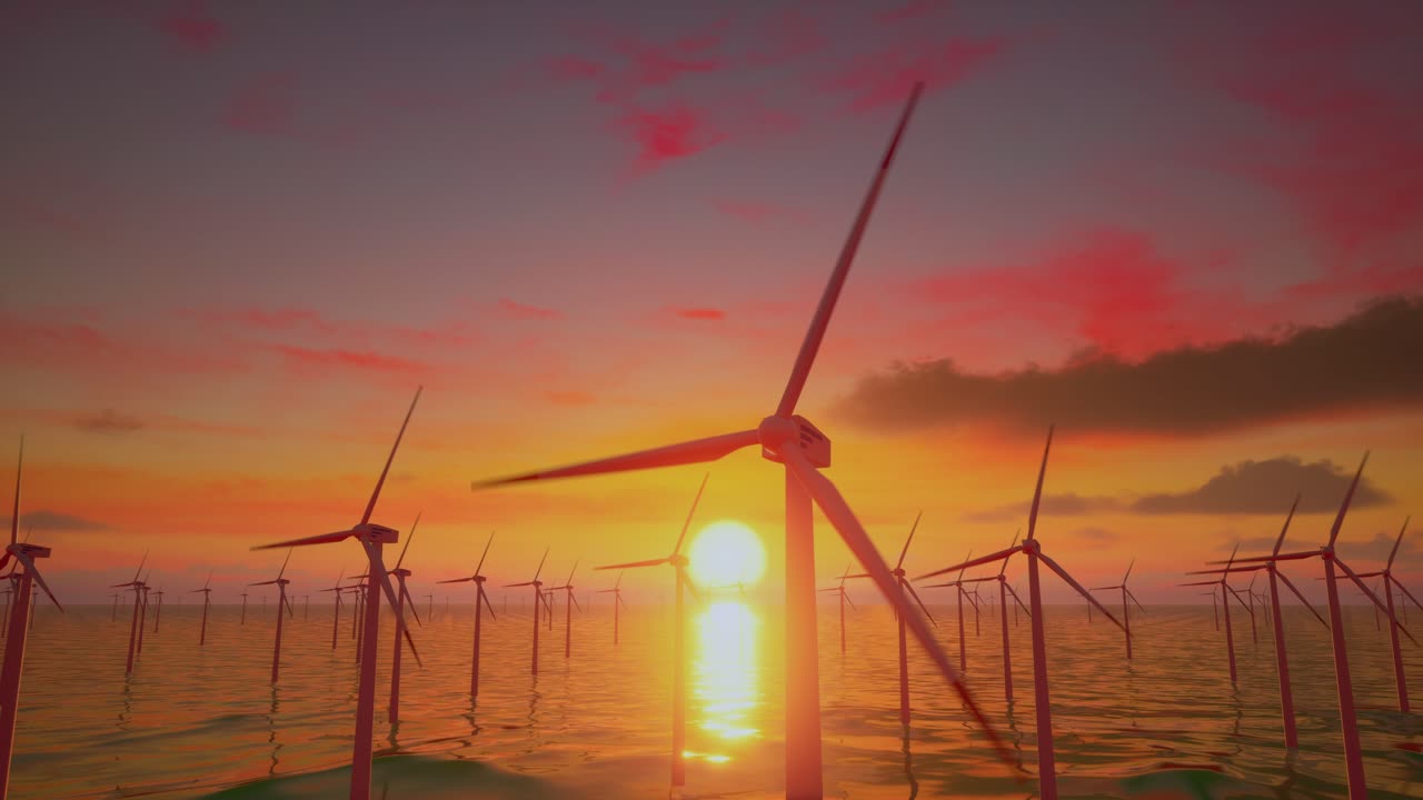 Windmill Park In The Sea. View Of Windmill Turbines Generating Green Energy Electric At Sunset