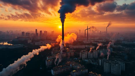 industrial skyline at sunset with smoke billowing from chimneys