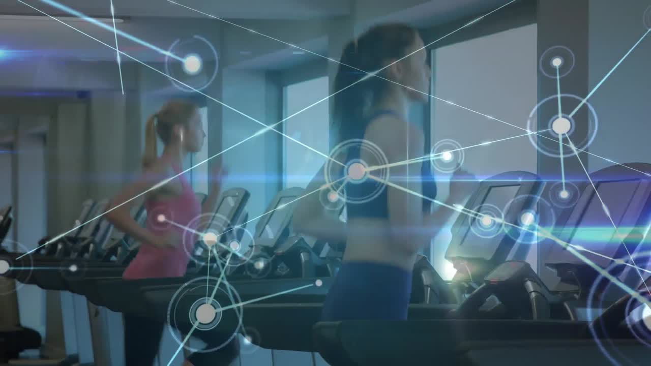 체육관에서 달리는 여성 운동선수들과 함께 통계 기록의 애니메이션