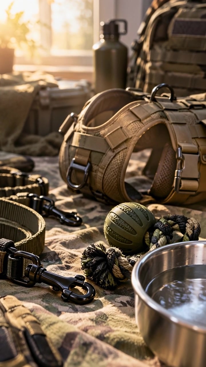 Slow push-in reveals woven straps, metal clips and padded mesh on tan pet harness beside braided toy, green ball and reflective bowl, arranged on camouflage fabric near sunlit window.