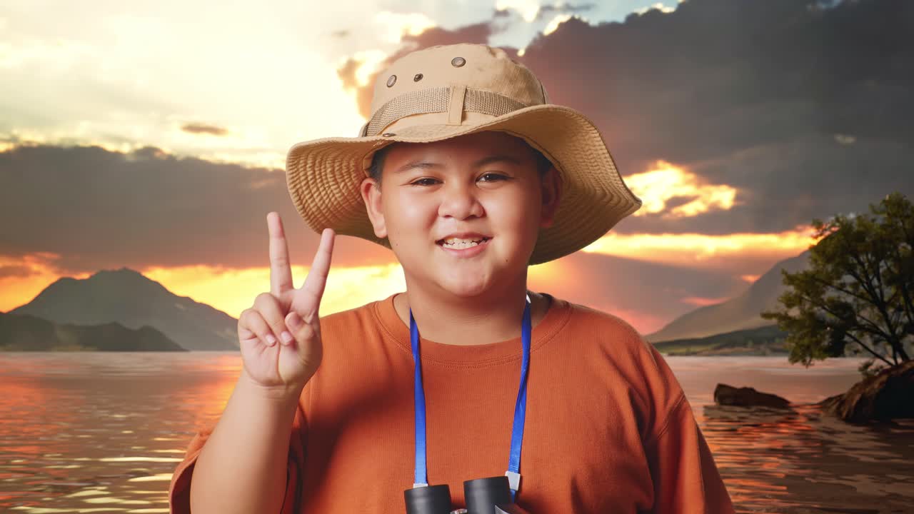 Smiling Boy with Binoculars at Sunset
