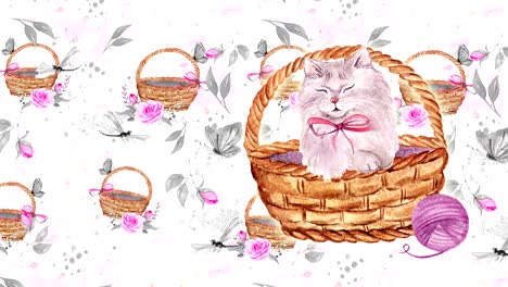 abstract background with hand drawn watercolor cats and flowers. seamless looping 4k footage.