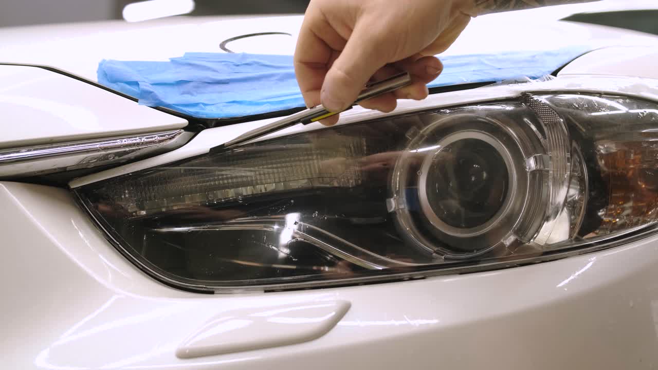 비닐 폴리우레탄 테이프로 자동차를 는 사람. 자동차를 위한 필름. 자동차의 헤드라이트에 스티커 보호 필름.