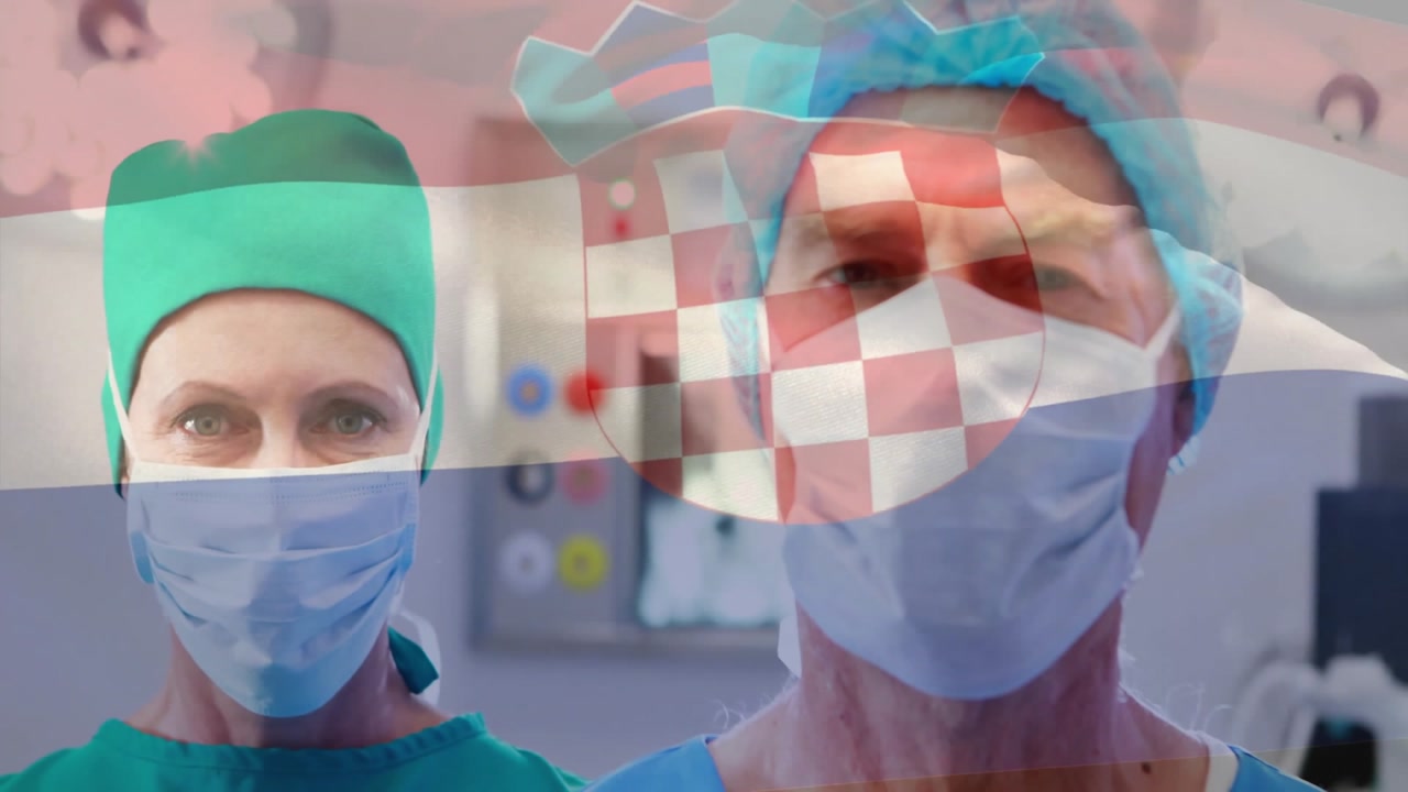 Medical workers in scrubs and masks standing in hospital with animated flag and monitor graph