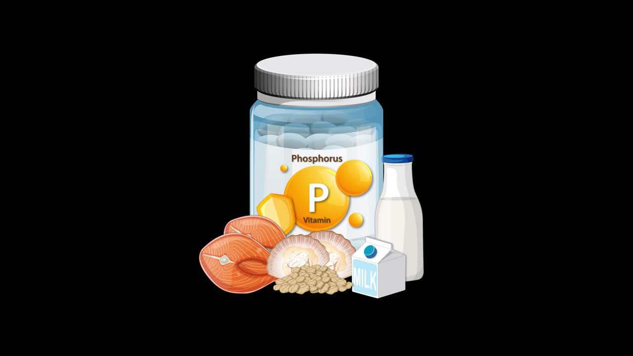 Phosphorus supplement bottle gains surrounding food sources, smooth transitions, black background, clear lighting