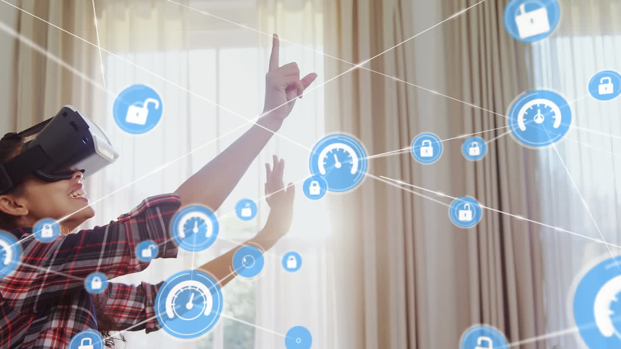 아프리카계 미국인 여성이 집에서 vr 헤드 ⁇ 을 착용하는 것을 반대하는 디지털 아이콘 네트워크